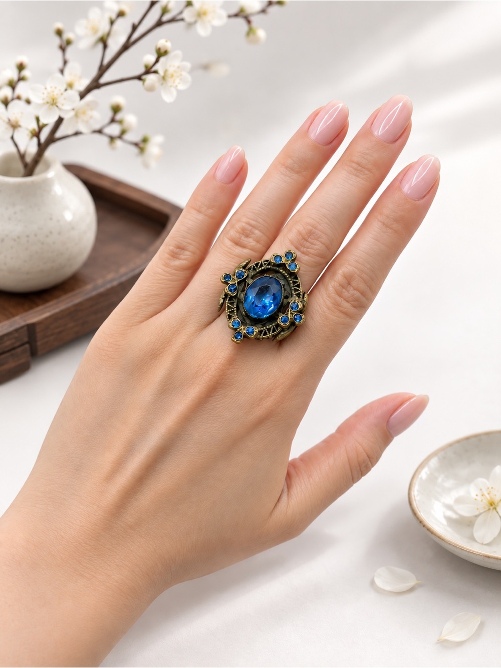 Antique Victorian Czech Cobalt Blue Glass Cabochon Flower Ornate Cocktail Ring 6